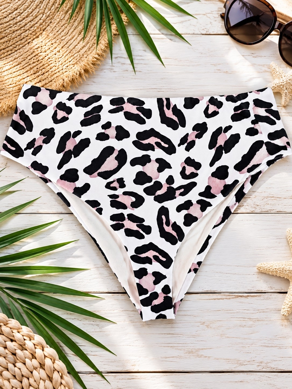 Pink Black Leopard Print High Waist Bikini Bottoms Swimwear